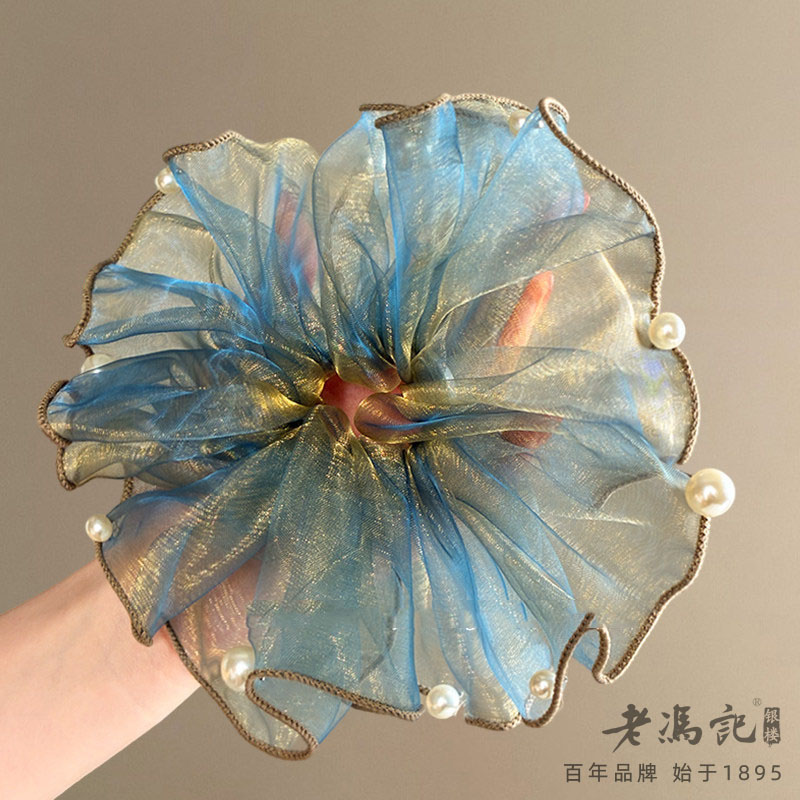 13633763.清新蓝色晕染仿珍珠法式氛围感头饰流动小珠欧根纱钉珠发圈