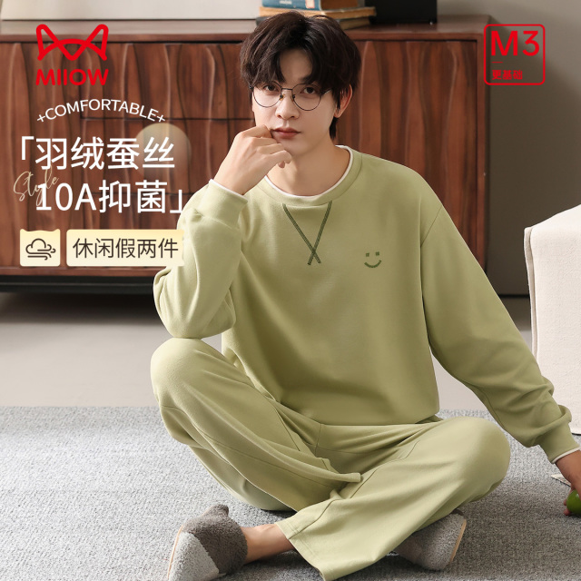 12935822.【10A抑菌含羽绒蚕丝】猫人男士长袖长裤套头套装(M休闲假两件男套)