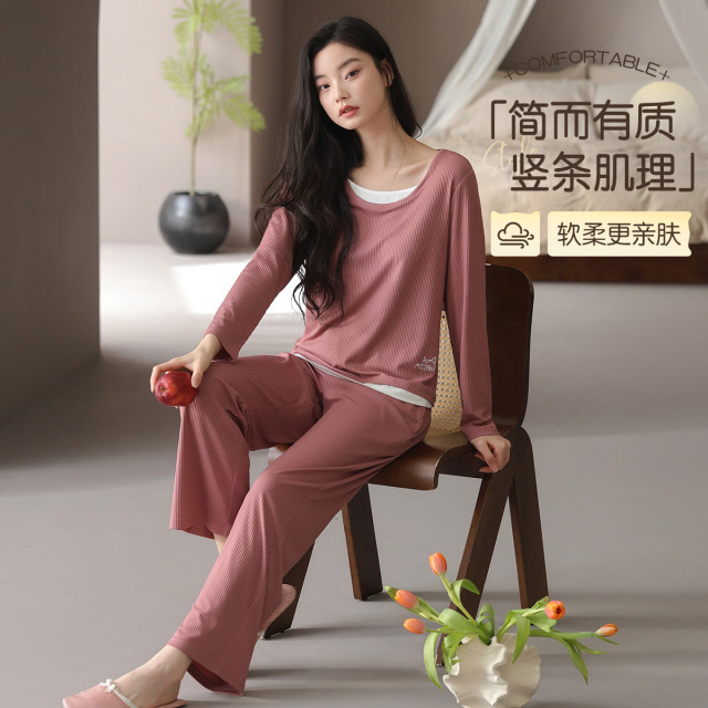13766485.猫人女款长袖套头家居套(M素色假两件女套)