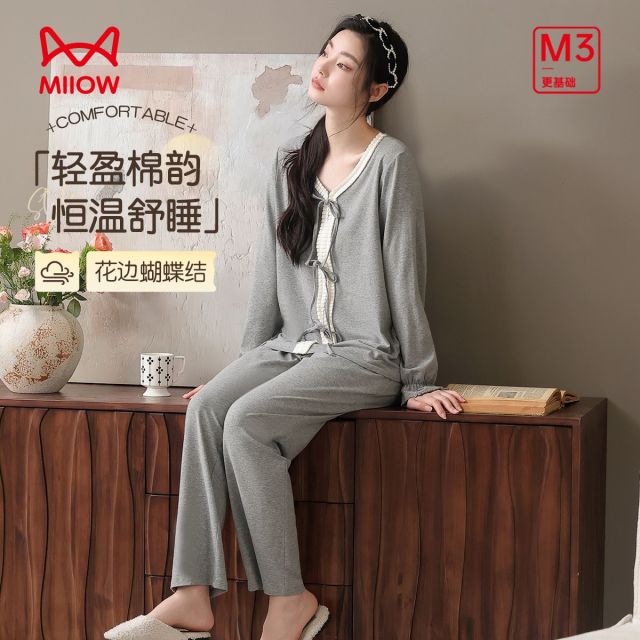 12969583.猫人女士长袖长裤套头家居服套装可外穿(M花边蝴蝶结女套)