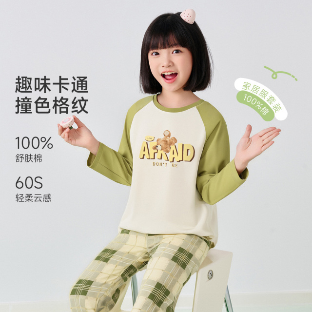 13219003.【100%棉】猫人女童长袖套头家居服睡衣套装（M格纹女孩）110-150