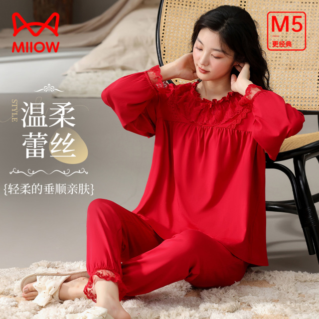 13121249.【轻盈无感】猫人女款长袖套头家居服套装(M多种蕾丝花边)