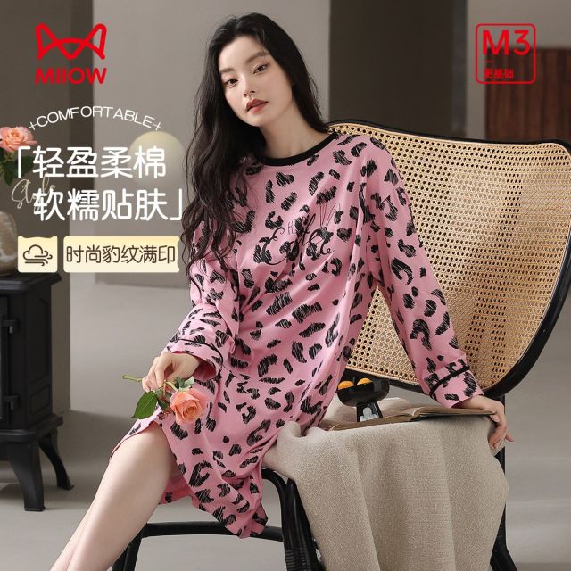 13126967.【10A抑菌 100%棉】猫人女士长袖睡裙(M豹纹印花睡裙)