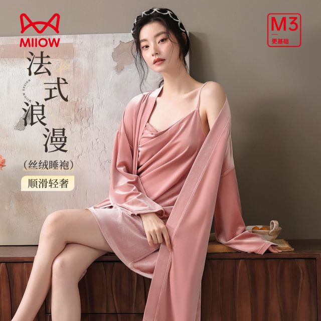 13126998.【细腻金丝绒】猫人女士长袖睡袍(M袖口拼接丝绒睡袍)
