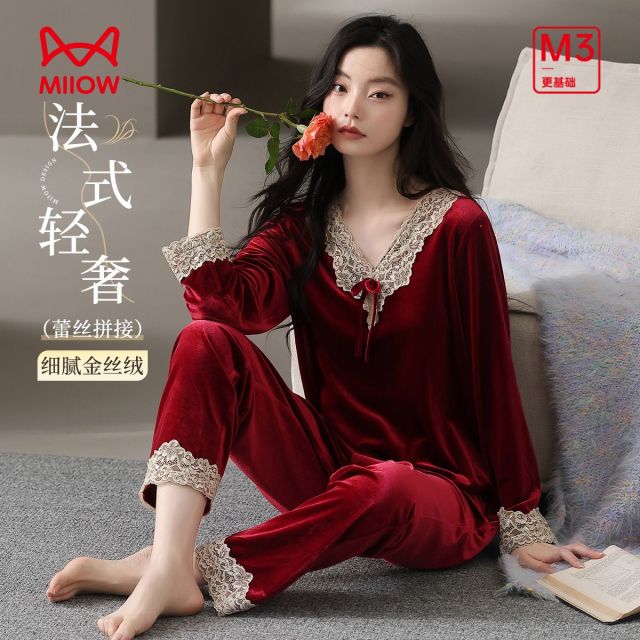 13210738.【法式轻奢 金丝绒】猫人女士长袖套头女套(M蕾丝丝绒女套)