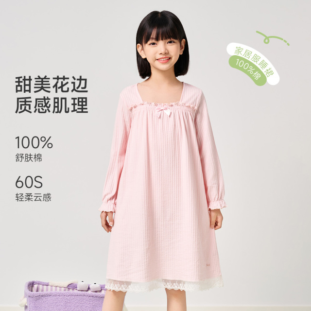 13214716.【100%棉】猫人女童长袖套头睡裙(M竖条蝴蝶结)