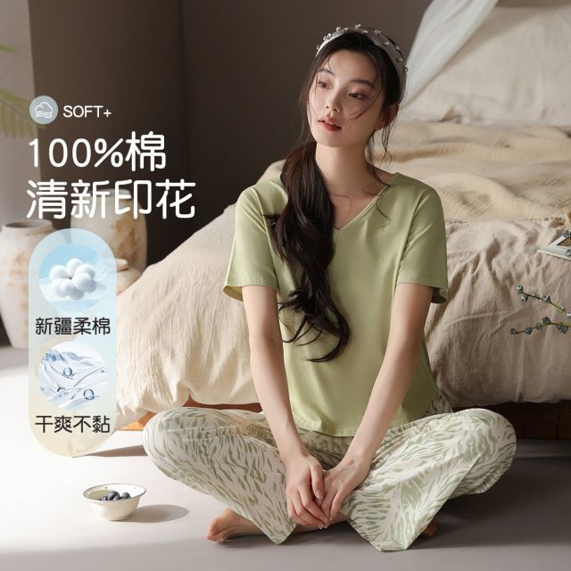 13620067.【100%棉】猫人女款短袖套头家居套装(M艺术印花V领套)