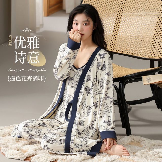 13620130.【100%棉3件套】猫人女款长袖开衫家居套装(M线描花卉睡袍套装)