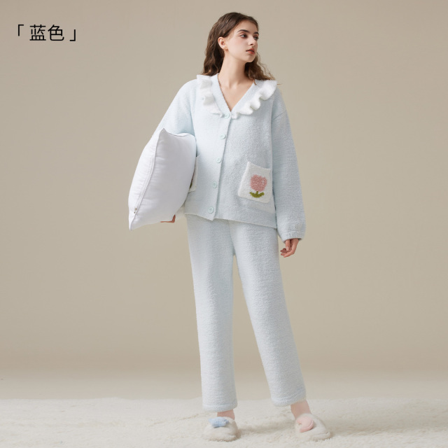 12999167.十月名裳孕妇月子服保暖孕妇睡衣秋冬季加厚加绒软糯半边绒V领家居服套装