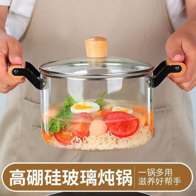 12934855.高硼硅耐热玻璃炖煮锅双耳木把加厚玻璃汤锅玻璃养生锅透明红酒锅
