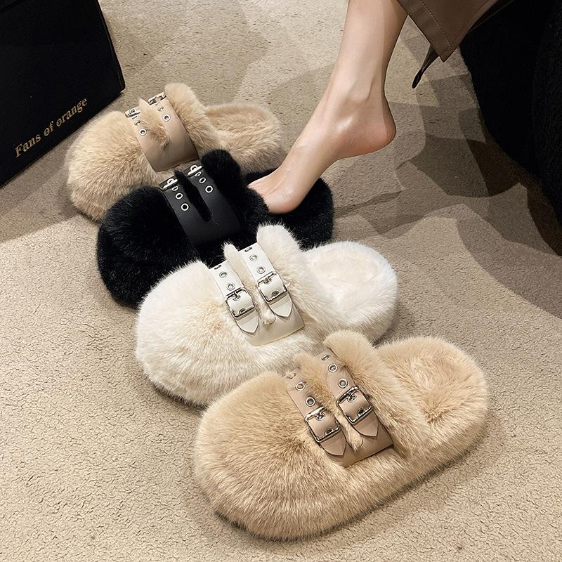 12940919.厚底包头毛毛拖鞋女冬季韩版外穿双排扣小个子棉拖鞋