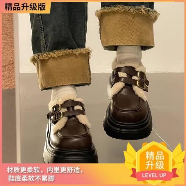 12940842.女式单鞋黑色英伦风小皮鞋女秋冬厚底乐福鞋加绒女式单鞋