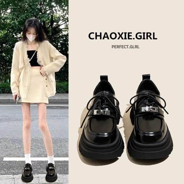 12941113.厚底黑色小皮鞋女真软皮秋冬季系带英伦风百搭乐福鞋单鞋