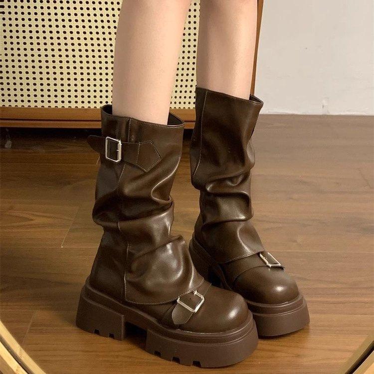 12954195.棕色百搭厚底马丁靴女春秋冬季复古美拉德中筒靴子