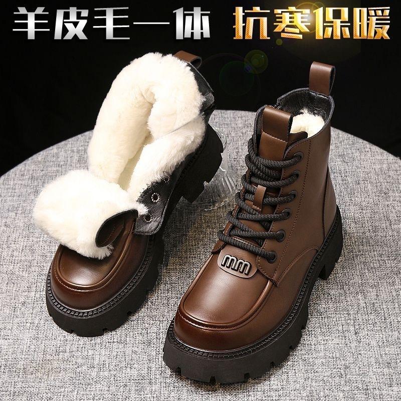 12954543.皮毛一体雪地靴女冬羊毛马丁靴女复古厚底保暖棉鞋加绒加厚棉靴子