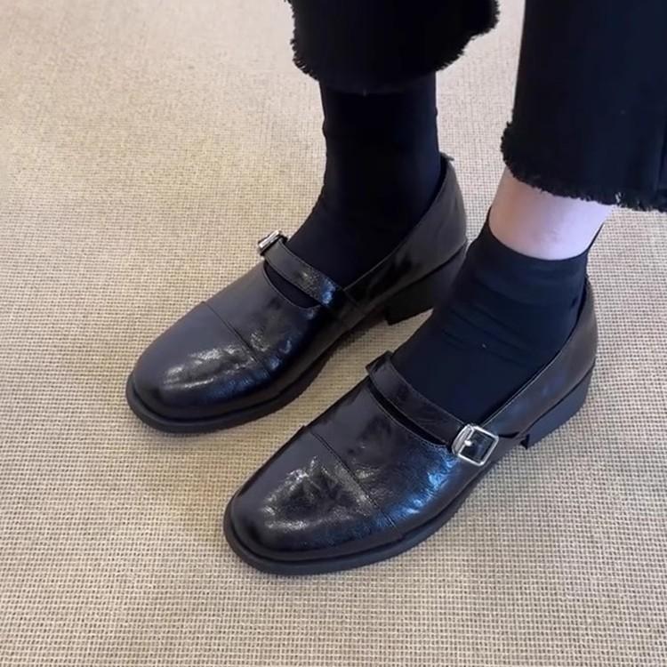 12954216.复古极简风圆头商务鞋女皮带扣玛丽珍粗跟商务鞋
