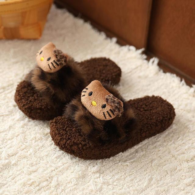 12956214.豹纹儿童毛毛拖鞋可爱猫咪居家秋冬防滑保暖女童宝宝棉拖鞋