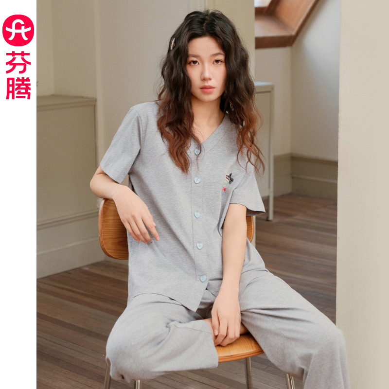 13341940.芬腾夏季睡衣女士纯棉短袖长裤套装凉感薄款休闲大码夏天家居服