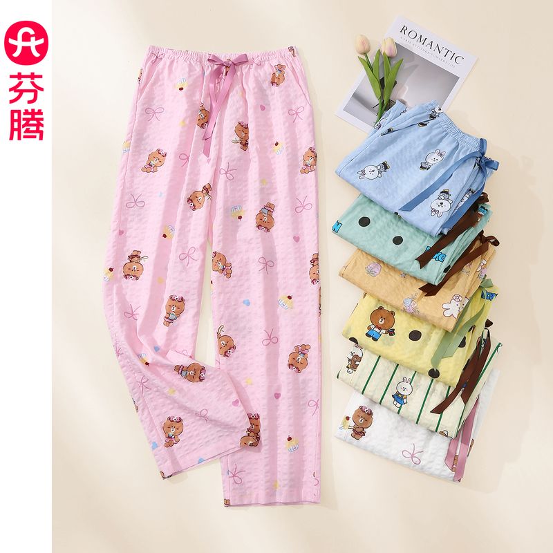 13389231.芬腾睡裤女款夏季布朗熊梭织棉薄款透气长裤卡通休闲可外穿家居裤