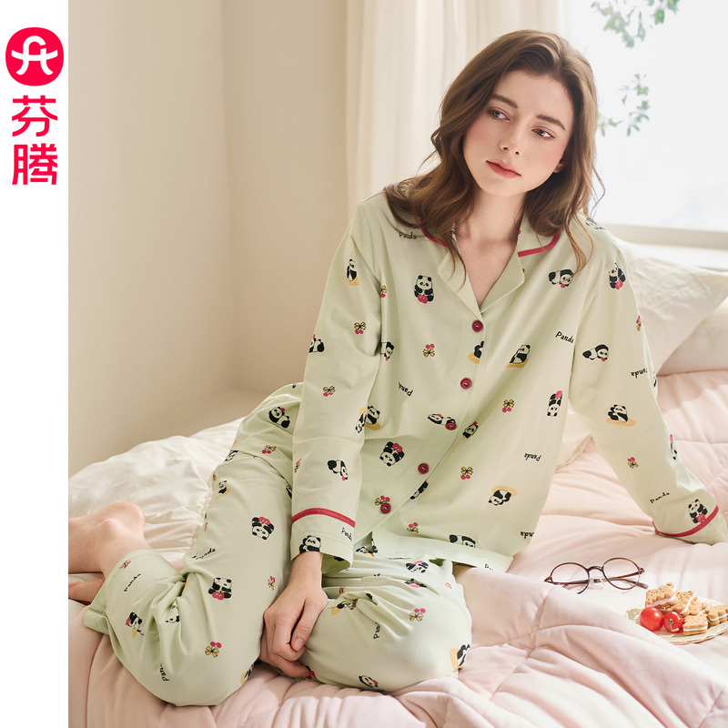 13389628.芬腾女士睡衣春秋季纯棉翻领长袖可爱熊猫套装女款卡通休闲家居服