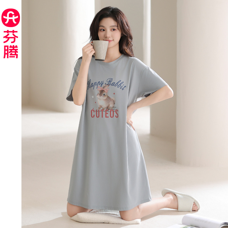 13404857.芬腾睡裙女夏季纯棉短袖睡衣2025新款可爱宽松大码可外穿连衣裙子