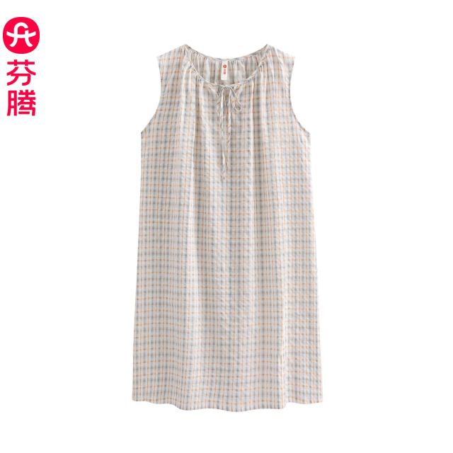 13395835.芬腾睡衣女夏季薄款棉绸无袖背心短裤外穿家居服格子亲肤透气套装