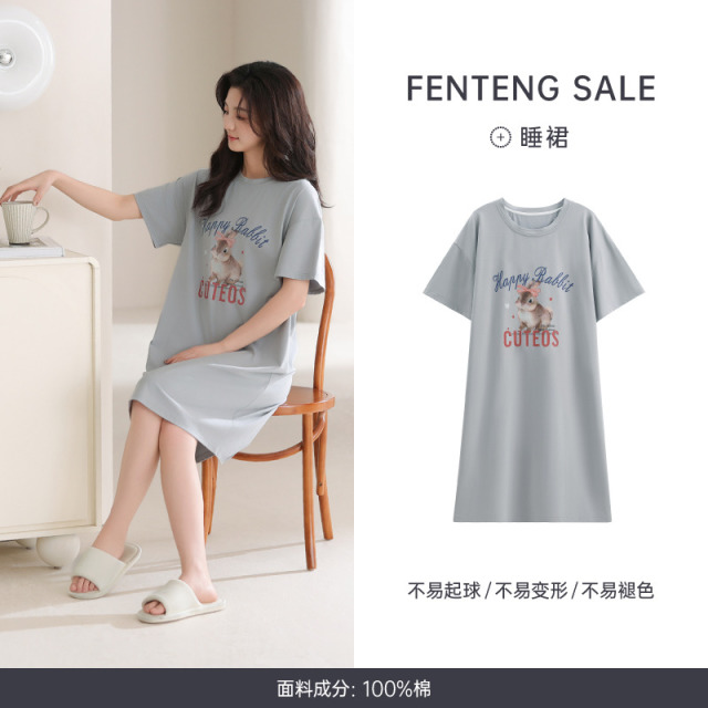 13404857.芬腾睡裙女夏季纯棉短袖睡衣2025新款可爱宽松大码可外穿连衣裙子
