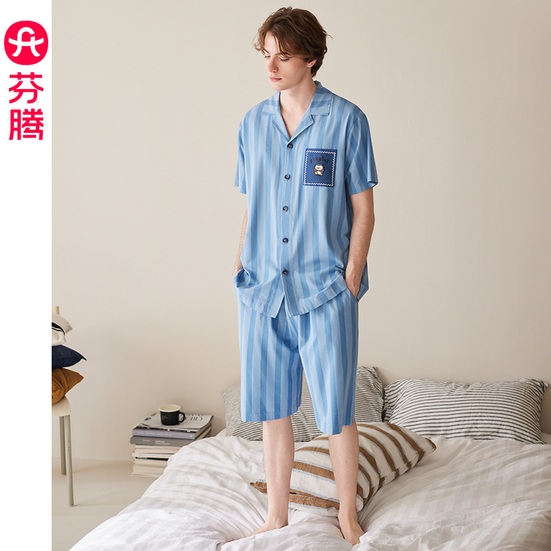 13473642.芬腾【布朗熊联名 纯棉条纹】夏季情侣翻领开衫家居服套装