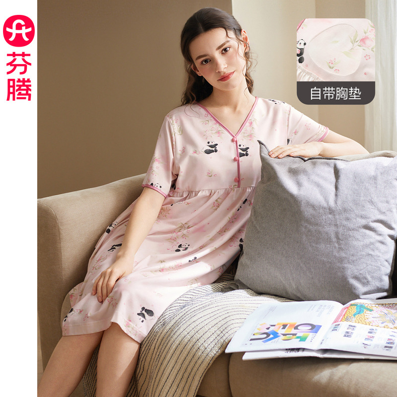 13473659.芬腾女士纯棉睡裙夏季带胸垫V领短袖宽松中长裙舒适居家家居服