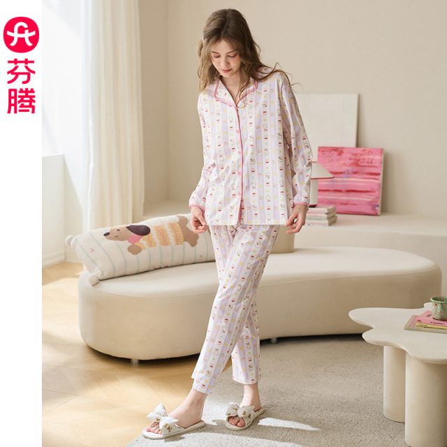 13472305.芬腾【100%纯棉】春秋长袖开衫睡衣套装/宽松卡通可爱女士家居服