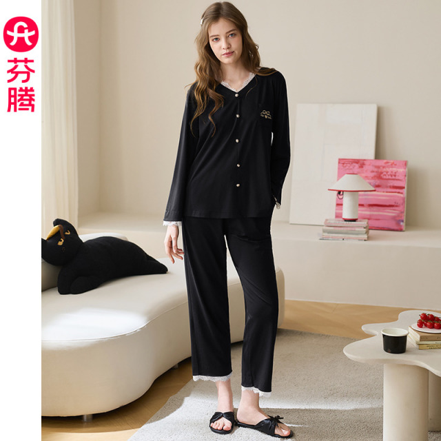 13473603.芬腾女士纯棉长袖睡衣春秋季休闲宽松开衫花边家居服春季新款套装
