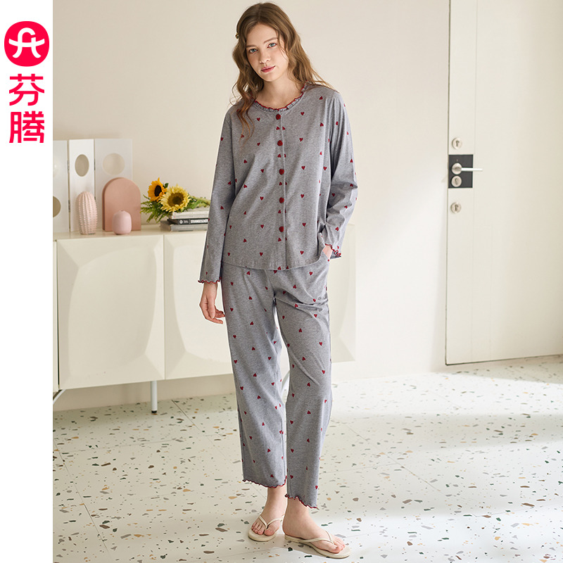 13471194.芬腾女士纯棉长袖睡衣春秋季全棉开衫休闲宽松新款大码家居服套装