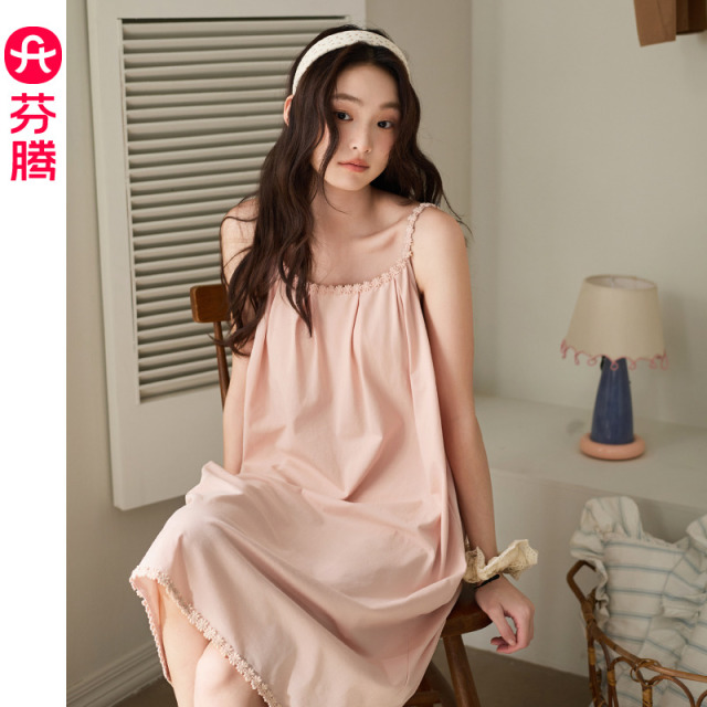 13473548.芬腾【优雅蕾丝 精致显瘦】2026 夏季纯棉带胸垫吊带睡裙女