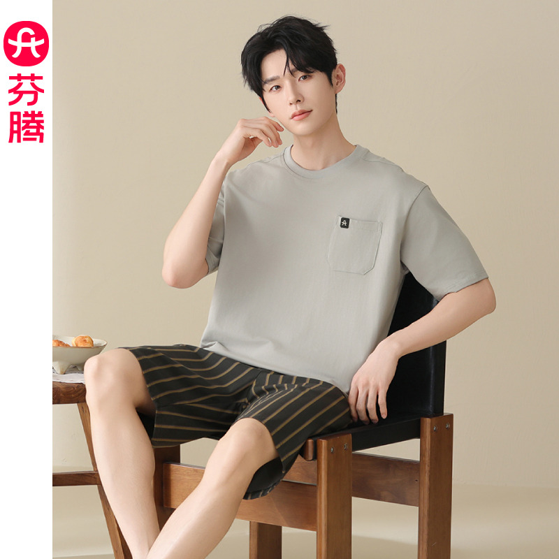 13473635.芬腾男士夏季纯棉睡衣条纹短袖短裤薄款中年透气可外穿家居服套装
