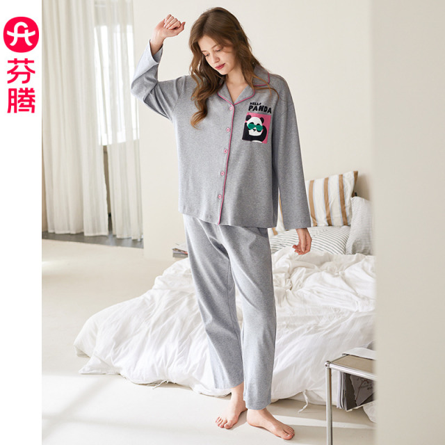 13473570.芬腾女士纯棉睡衣长袖情侣开衫家居服春秋季男士翻领休闲宽松套装