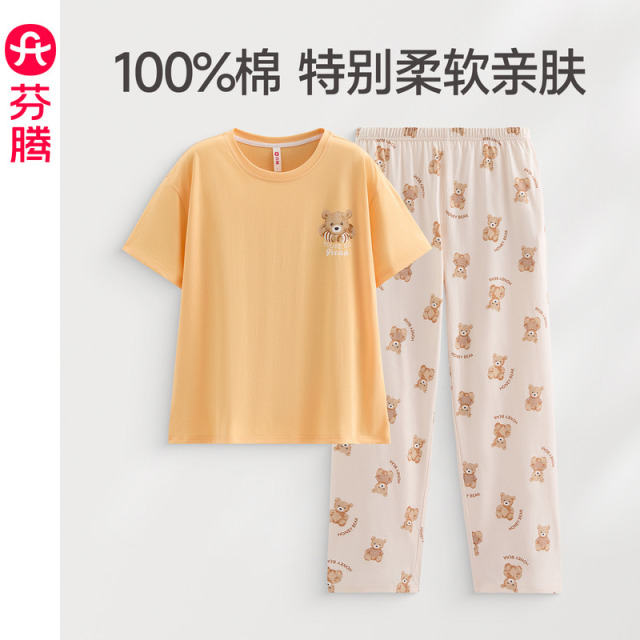 13471395.芬腾【100%纯棉】睡衣夏季新款圆领短袖套头套装卡通休闲宽松女士家居服