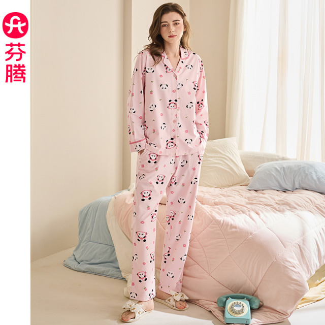 13472323.芬腾女士睡衣春秋季纯棉开衫长袖套装可爱熊猫休闲宽松舒适家居服