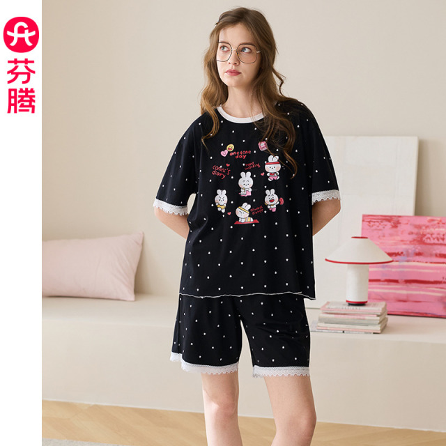 13473434.芬腾【布朗熊IP】夏季薄款纯棉短袖睡衣卡通套装/短裤休闲女士家居服