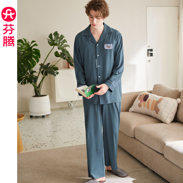 13473604.芬腾纯棉长袖女士睡衣情侣春秋季休闲宽松开衫家居服男士翻领套装