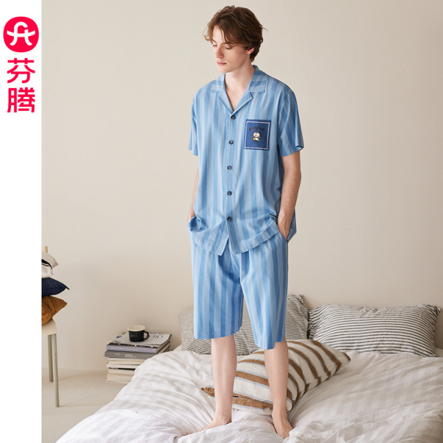 13473642.芬腾【布朗熊联名 纯棉条纹】夏季情侣翻领开衫家居服套装