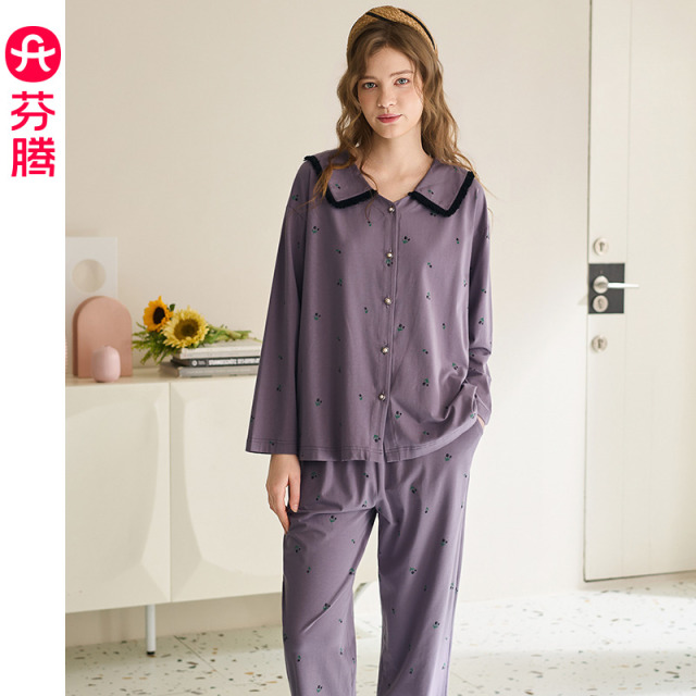 13473590.芬腾睡衣女士春秋季新款纯棉娃娃领长袖套装时尚休闲宽松舒适家居服