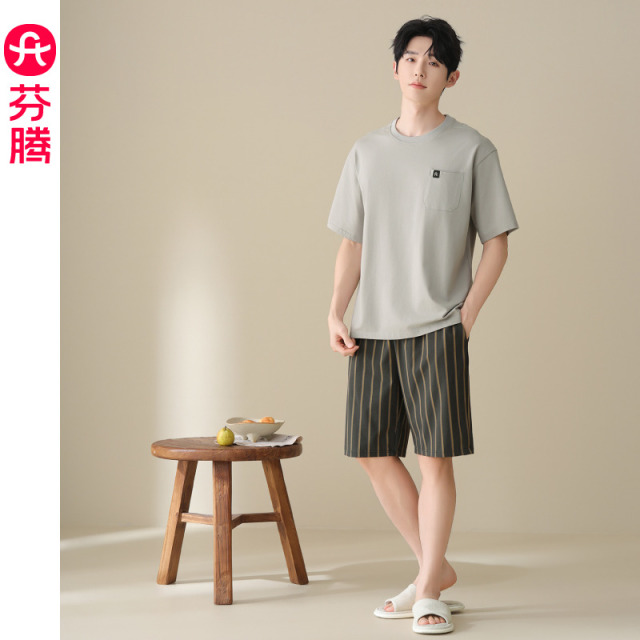 13473635.芬腾男士夏季纯棉睡衣条纹短袖短裤薄款中年透气可外穿家居服套装