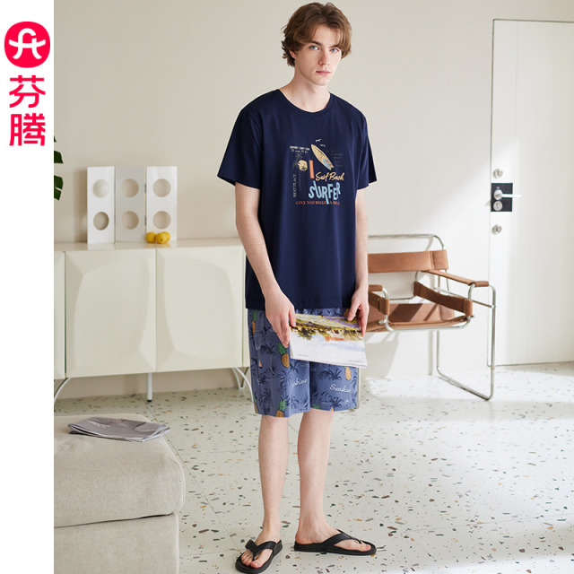 13473647.芬腾男士夏季纯棉睡衣短袖短裤宽松大码全棉舒适可外穿家居服套装
