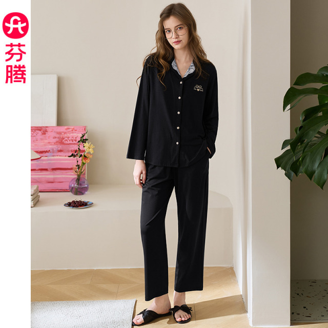 13473598.芬腾纯棉长袖女士睡衣春秋季休闲家居服春季新款大码宽松开衫套装