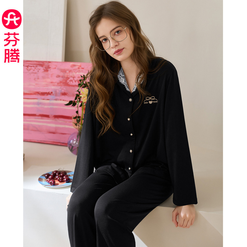 13473598.芬腾纯棉长袖女士睡衣春秋季休闲家居服春季新款大码宽松开衫套装