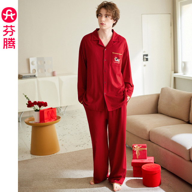 13473584.芬腾【情侣睡衣春秋季纯棉】长袖套装红色本命年结婚喜庆男女士家居服