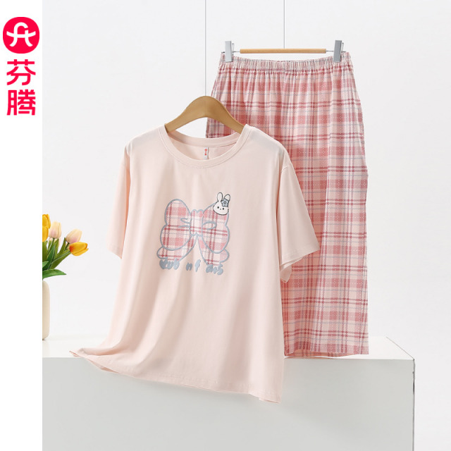 13473622."芬腾2026新款纯棉睡衣女春夏印花甜美格子七分裤宽松家居服套装 "