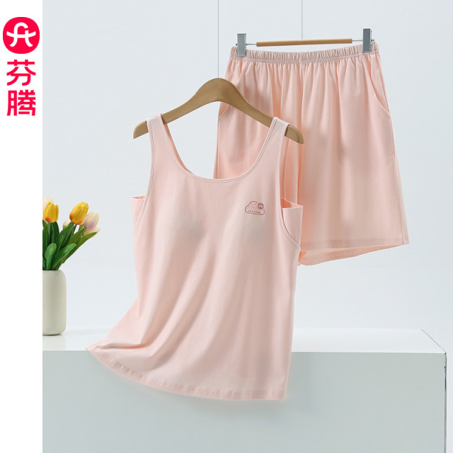 13473633.芬腾2026新款纯棉睡衣女吊带短裤带胸垫薄款可外穿家居服套装