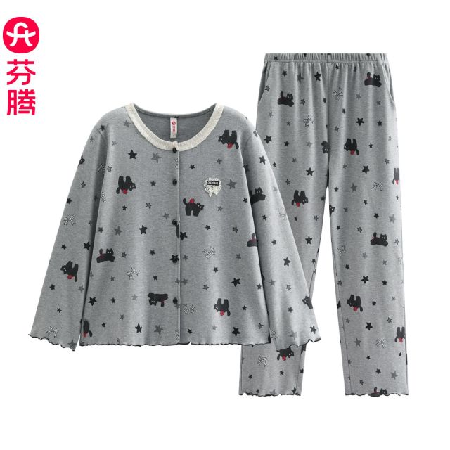 13473558.芬腾【纯棉舒适 可爱休闲】春秋圆领长袖大码女士家居服套装