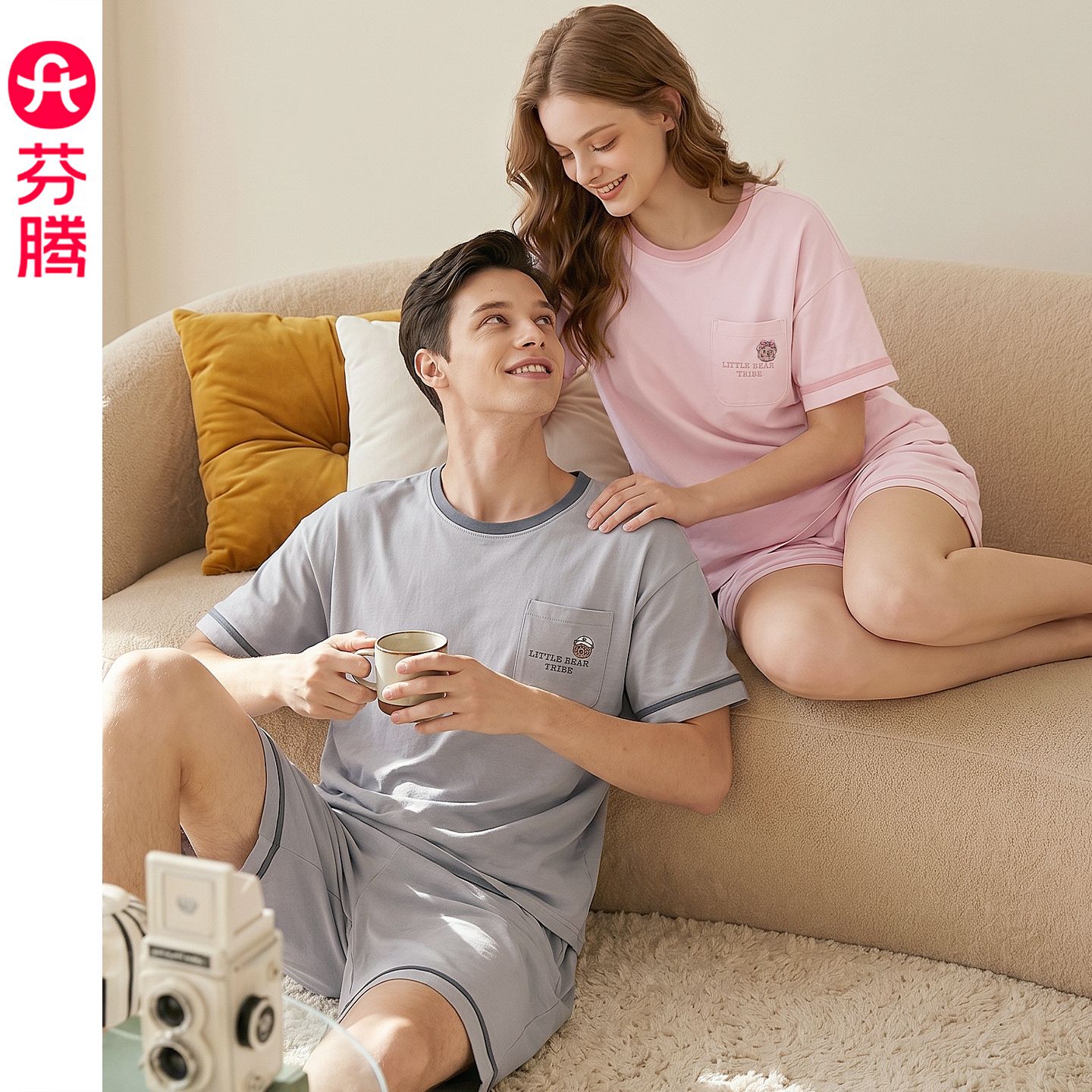 9142853.芬腾情侣睡衣夏季纯棉短袖女套装男士宽松休闲青年大码全棉家居服